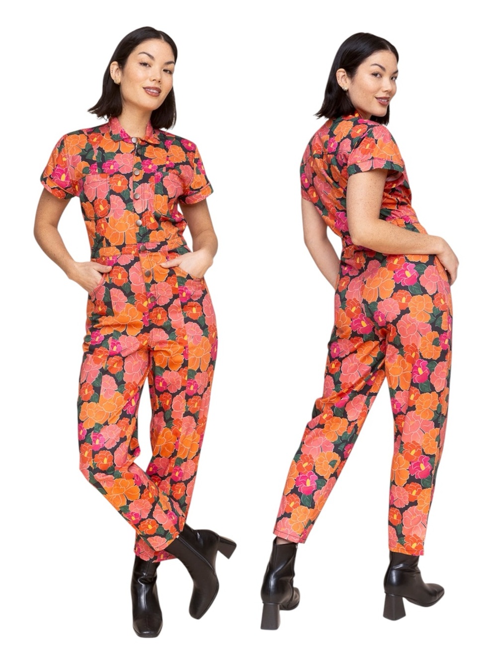 $228 Mixed by Nasrin Colorful Floral Classic Jumpsuit in Ruby Size Medium